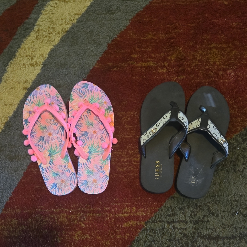 Guess Black Sandals and Pink Floral Flip Flops